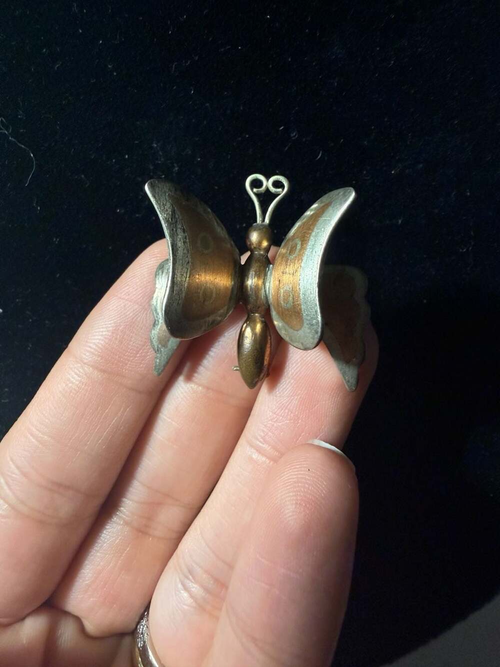 Vintage Mexico Metales Casados Butterfly Pin Brooch Copper Brass Silver